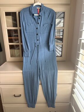 Boden Dusty Blue Button-Front Long-Sleeve Jumpsuit with Drawstring Waist
